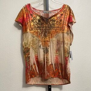 Women's Whimsical Lace Back Top XL Boho Indie Ecelctic Earthy Semi Sheer